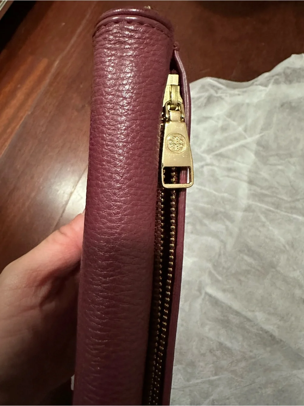 Tory Burch Pebbled Leather Wristlet in Deep Burgundy with Gold Logo